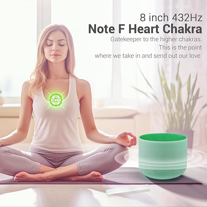 432hz 8 inch Green F Note Heart Chakra Quartz Crystal Singing Bowl with Resonance Striker for Healing Mindfulness Meditation Yoga Sound Baths - Bloomnest