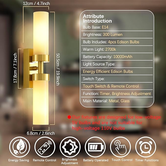 Rechargeable Wall Sconces Set of Two with Remote, Gold Battery Operated Wall Sconce with Milky Glass, Sconces Wall Decor Set of 2 Wall Light Fixtures for Bedroom Bathroom Mirror Living Room - Bloomnest