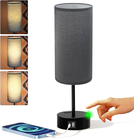 KPQ Small Bedside Lamp Touch Control Table Lamp with USB A+C Charging Ports & AC Outlet 3-Way Dimmable Nightstand Lamp with Linen Fabric Shade for Bedroom Living Room - Bloomnest