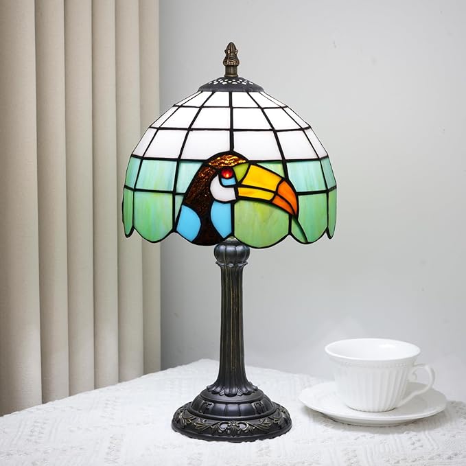 Tiffany lamp 8 inch stained glass lamp European retro black toucan warm color reading bedside lamp suitable for bedrooms dormitories studies antique home decoration art handicrafts (green and white) - Bloomnest