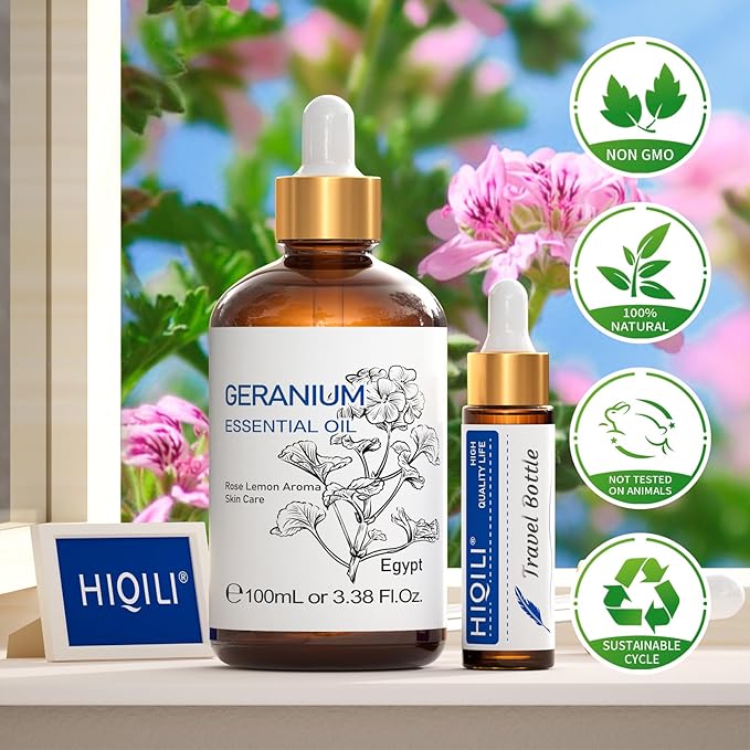 HIQILI 100ML Geranium Essential Oil for Skin, Diffuser & Candle, 100% Pure and Natural - 3.38 Fl Oz - Bloomnest