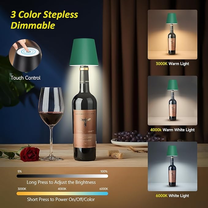 2025 New Wireless Bottle Lamp - LED Bottle Lights for Liquor & Wine Bottles, Cordless Lampshade, Whiskey Bottle Top Light, Bottle Stopper Night Light Kit, Rechargeable 3-Tone Touch-Dimmable - Bloomnest