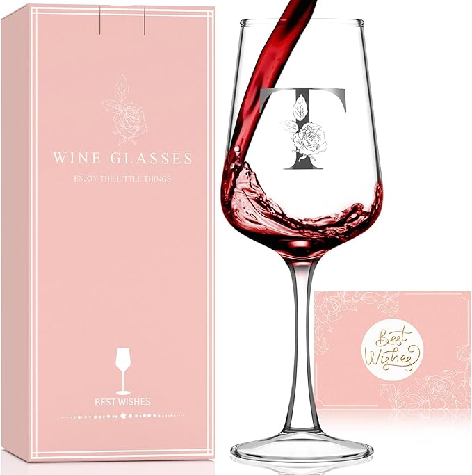 Valentines Day Gifts for Her Women - Personalized Initial Wine Glasses Custom Gift, Galentines Gift Christmas Mothers Day Birthday Gifts for Women Her Mom Wife Best Friend Sister (T) - Bloomnest