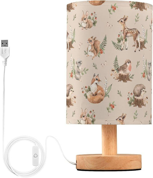 Table Lamp Watercolor Squirrel Mouse Fawn Fox Hare Hedgehog Forest Animal Nightstand Lamp with Wood Base Fabric Lamp Shade Bedside Desk Lamp for Living Room Bedroom Kids Room Office - Bloomnest