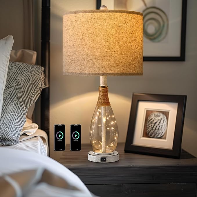 OYEARS 23" Table Lamps for Living Room Set of 2 Bedside Lamps for Night Stands Bedroom Lamps Farmhouse Rattan Boho Lamp Glass Nightlight End Table Lamp with USB C+A (White),Two Light Points - Bloomnest