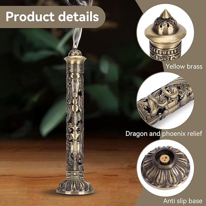 Incense Burner, Stick Incense Holder Brass Incense Holder Dragon Phoenix Relief Craft Stick Incense Burner for Ornaments Tea Room Decoration Indoor Outdoor Use