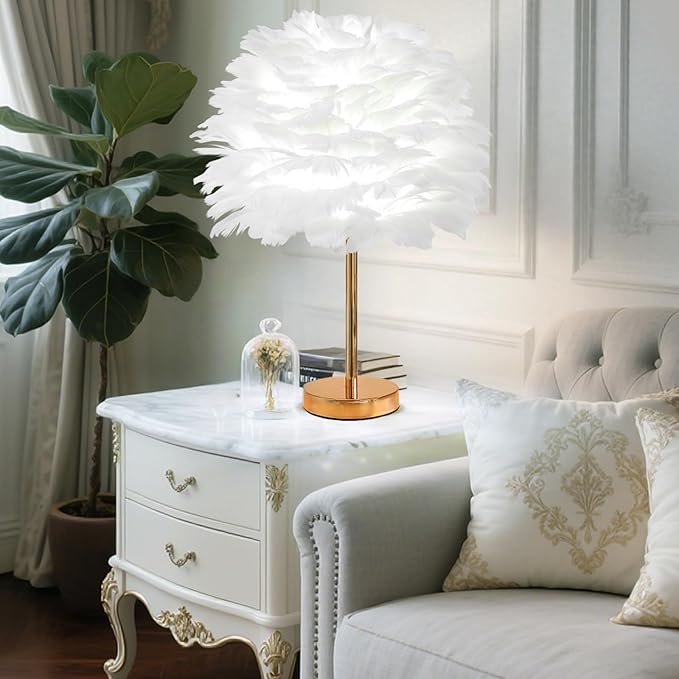 ZYLEIESENBAO Chic White Feather Lamp Creative Feather Bedside Lamp Cute Furry Nightstand Light Gold Stand Fluffy Table Lamp Atmosphere for Girl Bedroom Living Room Entry Hotel Wedding Gift - Bloomnest