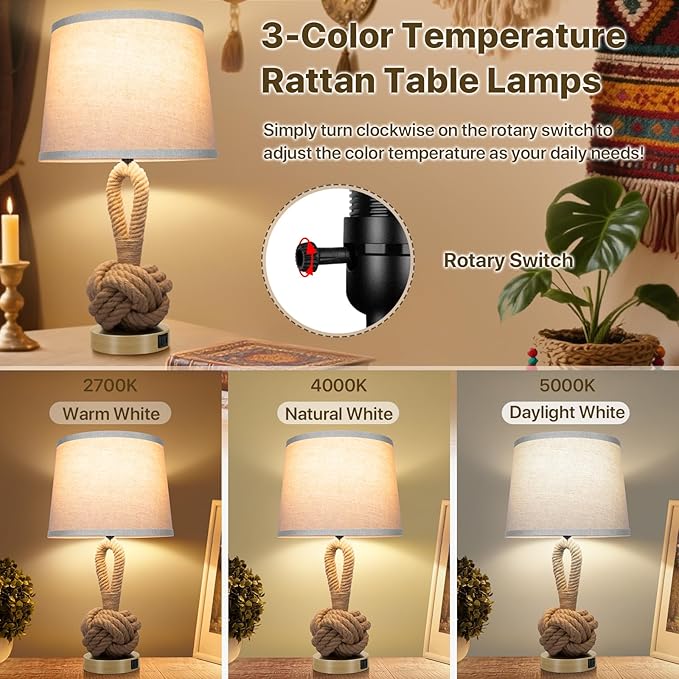 22" Rope Lamps for Night Stands, Bedside Lamps Set of 2, 3-Color Temperatures Boho Lamp with Rotary Switch, Table Lamps for Living Room Bedroom, Rattan Lamp with USB Ports, Bulbs Included - Bloomnest