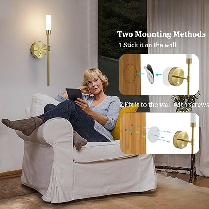 Gold Battery Operated Wall Sconces Set of Two,6000mAh Rechargeable Wall Sconce 3 Colors Stepless Dimming Wireless Wall Lights with Remote Control for Bedroom,Living Room - Bloomnest