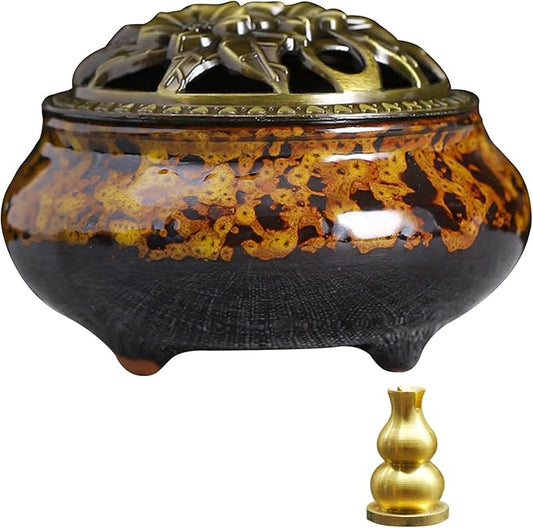 Ceramic Incense Burner with Lid, Bowl Burner， Cone Incense Burner, Ceramic Censer Suitable for Incense/Cone/Coil/Sticks, There are 30 Incense Cones+ Metal Incense Holder+Fireproof Cotton Inside. - Bloomnest