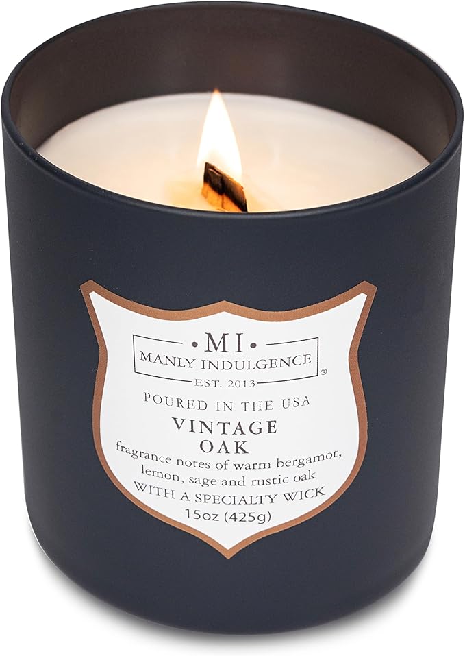 Manly Indulgence Vintage Oak Scented Candles for Men, 15 oz Wooden Wick, Premium Soy Blend Wax, 60H Burn, Candles for Home Scented - Made in The USA - Bloomnest