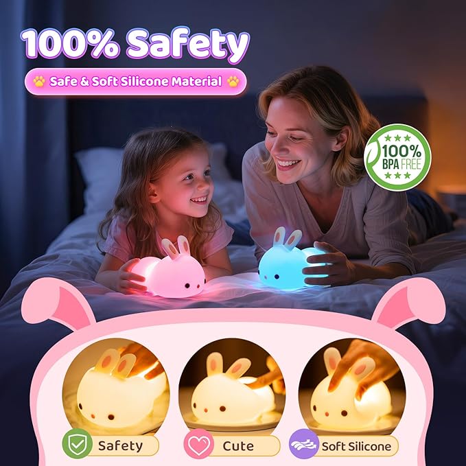 One Fire Bunny Toys for Kids Night Light for Kids, 16 Colors Cute Lamp, Soft Silicone Baby Night Light, 1200mAh Portable Dimmable Touch Lamps, Kawaii Room Decor, Christmas Gifts for College Girls - Bloomnest