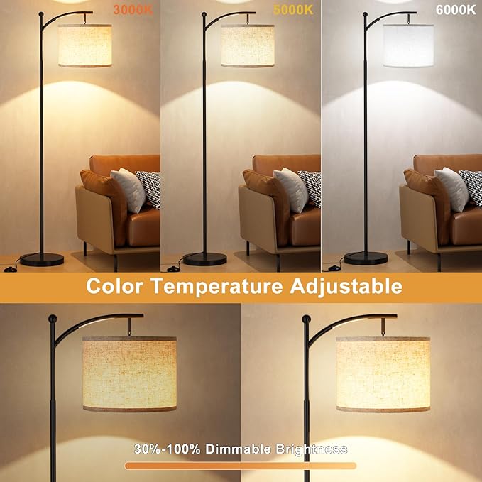 Ambimall 60" Floor Lamp with Remote Control and Stepless Dimmable Bulb, Colors Temperature & Brightness Adjustable, Modern Floor Lamps for Living Room（Beige Shade & Black Pole） - Bloomnest