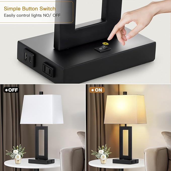 Table Lamp Set of 2 with USB C+A Ports & AC Outlet, Bedside Lamps, Modern Bedroom Lamps, Black Lamps for Night Stands Bedroom Living Room,Nightstand Lamp - Bloomnest