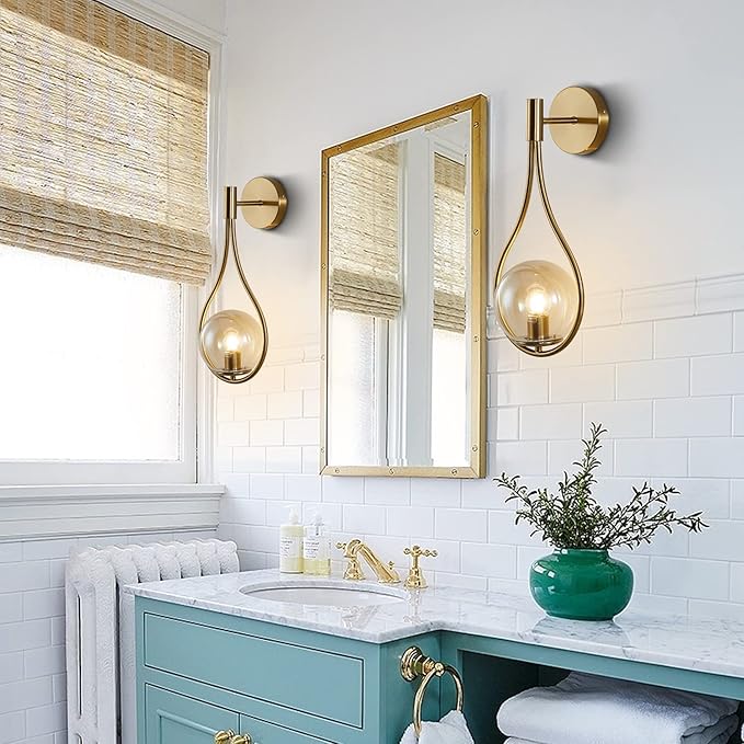 KCO Lighting Glass Globe Wall Mounted Sconce Gold Teardrop Wall Sconce Vintage Cordless Sconces Wall Lighting for Stairwell Bathroom Bedroom (Gold + Amber) - Bloomnest