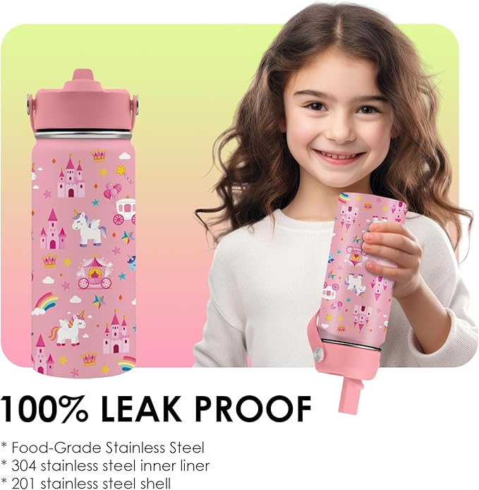 Unicorn Gifts 16 oz Water Bottle with Straw Lid, Stainless Steel Insulated Bottle, Leak Proof, BPA - Free, Cute Castle & Unicorn Tumbler for Birthday, Christmas, Daily Use, Travel (1pc) - Bloomnest