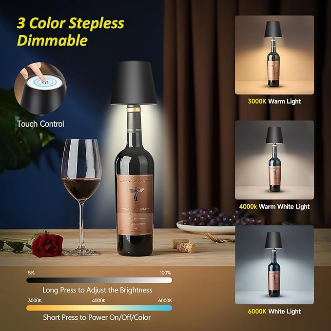 2025 New Wireless Bottle Lamp - LED Bottle Lights for Liquor & Wine Bottles, Cordless Lampshade, Whiskey Bottle Top Light, Bottle Stopper Night Light Kit, Rechargeable 3-Tone Touch-Dimmable 2 PCS - Bloomnest