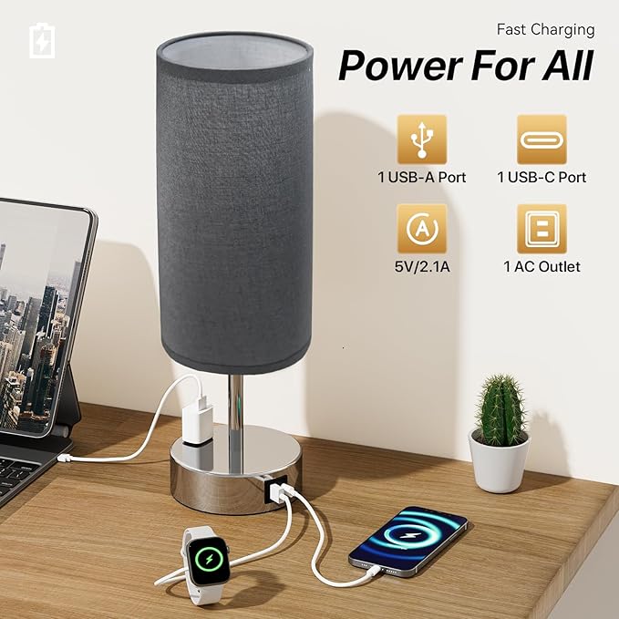 KPQ Small Bedside Lamp Touch Control Table Lamp with USB A+C Charging Ports & AC Outlet 3-Way Dimmable Nightstand Lamp with Linen Fabric Shade for Bedroom Living Room - Bloomnest
