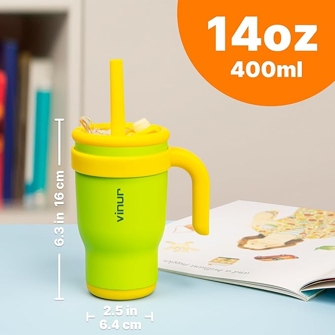 VINUR Kids Tumbler with Handle-14 oz Stainless Steel Double Wall Vacuum Insulated Tumbler with Lid and Straw, Travel Water Cup for Girls (Apple Green) - Bloomnest