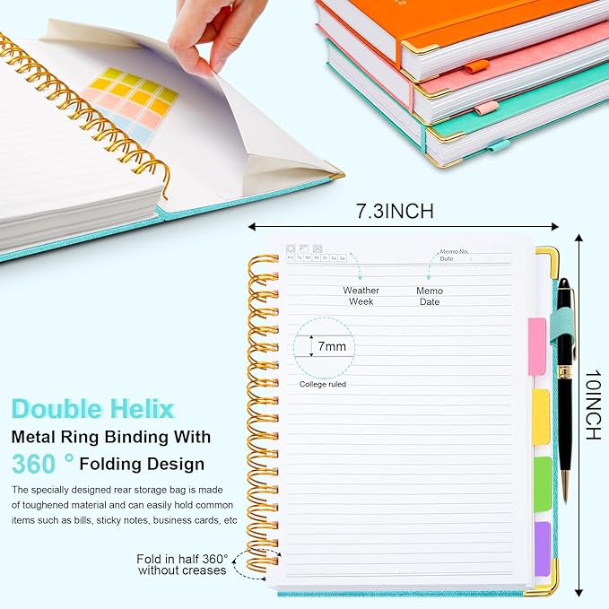 Hardcover Spiral Notebook 8"x10" Journal Notebook with Tabs and Removable Dividers 300 Pages 5 Subject Notebook College Ruled, Faux Leather Spiral Bound Notebook for Women School Work (Blue) - Bloomnest