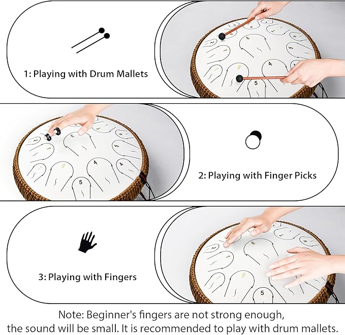 Steel Tongue Drum - 14 Inch 15 Note Tongue Drum - Hand Pan Drum with Music Book, Handpan Mallets and Carry Bag, C Major, White - Bloomnest