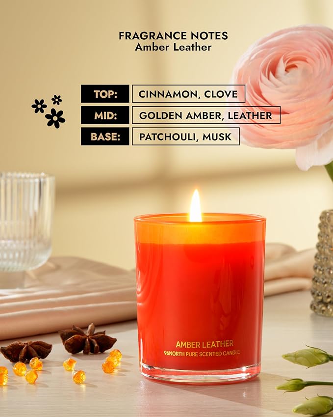 96NORTH | Pure Amber Leather Candle | 100% Natural Soy Wax | One Wick Jar Candle | Natural Fragrance Technology | Non Toxic | Up to 35 Hours Burning Time | Aromatherapy Gift for Men and Women - Bloomnest