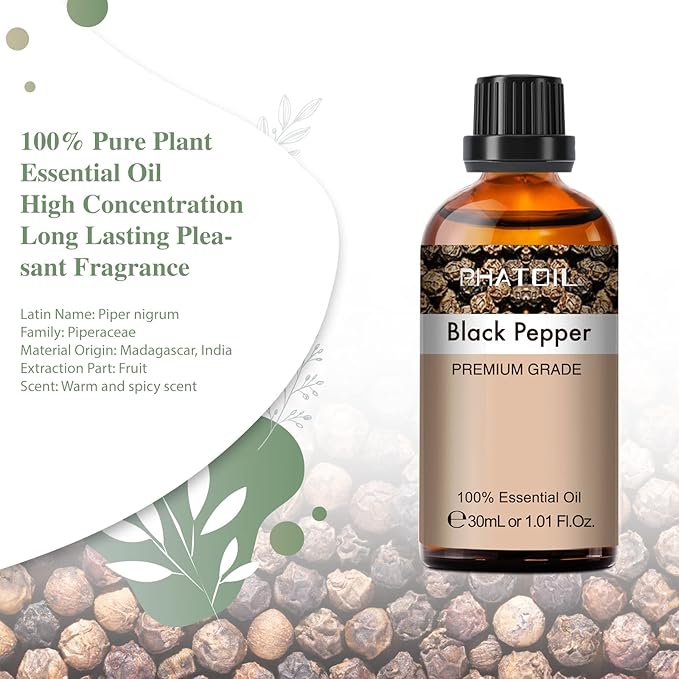 Black Pepper Essential Oil, 1.01Fl.Oz (30ML) PHATOIL Pure Essential Oil Singles for Aromatherapy Diffusers, Humidifiers, Great for DIY Candle and Soap Making, Gift for Friend PHATOIL