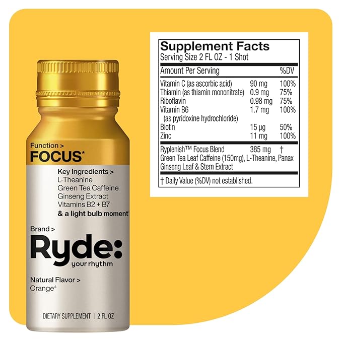 Ryde: Discovery Pack | Energize, Focus & Relax Shots | Green Tea Caffeine, Taurine, Ginseng, B Vitamins, L-Theanine, Lemon Balm, Chamomile | 0 Calories, 0 Sugar | Variety Pack – Try Them All (24 Pack) - Bloomnest