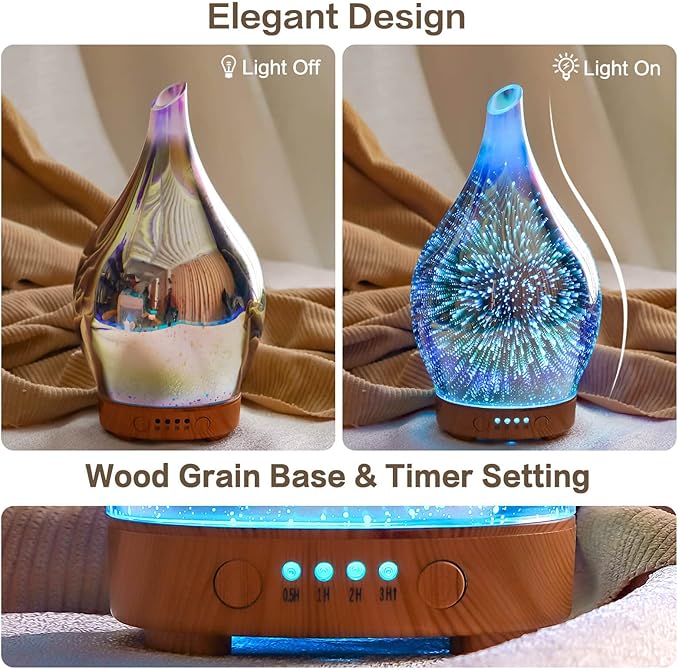 Porseme Essential Oil Diffuser 3D Glass Aromatherapy Ultrasonic Humidifier, Air Refresh Auto Shut-Off, Timer Setting, BPA Free for Home Hotel Yoga Leisure SPA Gift 100ml Last 4h Porseme