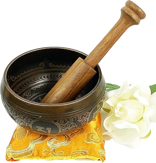 3388 SB Tibetan Auspicious Symbol Singing Bowl Set ~ Mallet Cushion Meditation Chakra Healing Prayer Yoga Mindfulness (SB-3388-G) - Bloomnest
