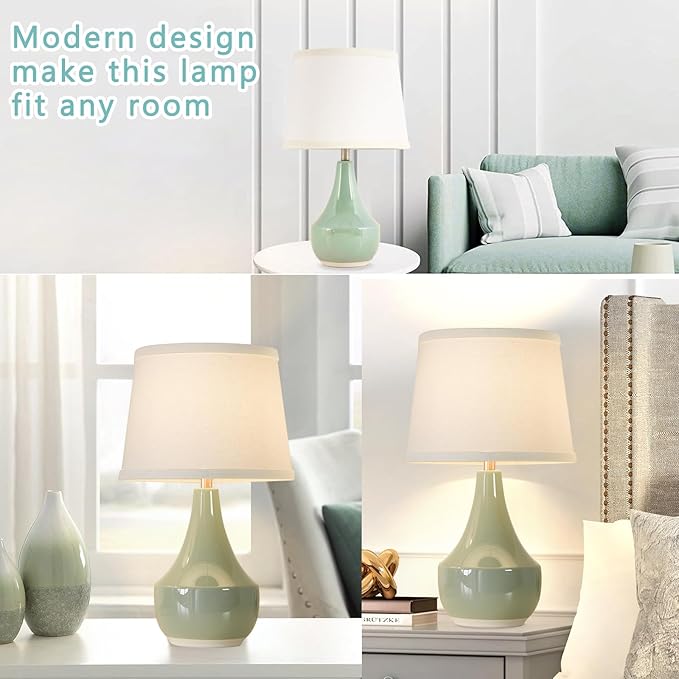 GyroVu Table Lamp Set of 2, 18.63” Ceramic Table Lamp Classic Beside Lamps Nightstand Lamp Modern Lamp for Living Room, Bedroom & Office Rocker Swtich Sage Green-LED Bulbs Included - Bloomnest