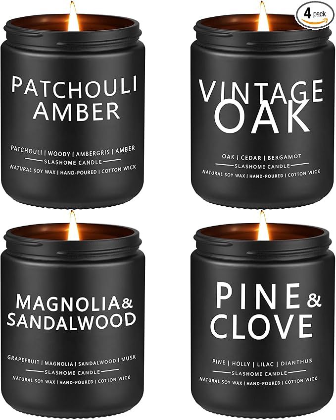 Candles for Men, 4 Pack Scented Candles, Gifts for Father Dad Day, 50 Hours Long Burning Soy Candles for Home Scented (Pine/Sandalwood/Patchouli/Oak) - Bloomnest