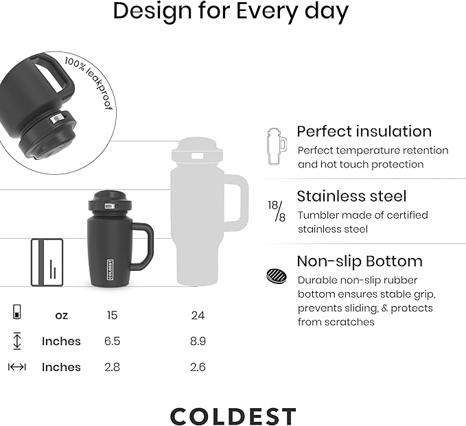 Coldest Tumbler with Handle & Coffee Lid - 100% Spill Proof Tumbler (3 Lids) - Stainless Steel Insulated Leakproof Tumblers for Women & Men - Cup Holder Friendly - 15 oz (Bats and Cats) - Bloomnest