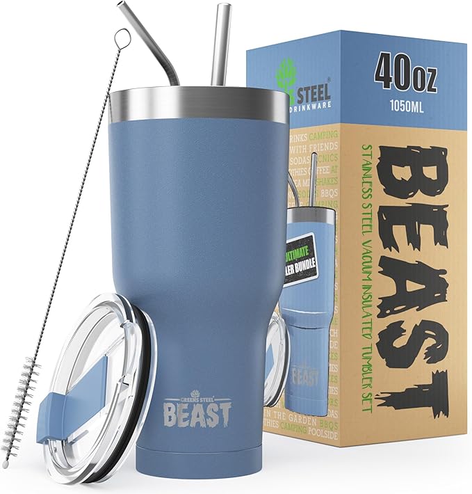 Beast 40 oz Tumbler Stainless Steel Vacuum Insulated Coffee Ice Cup Double Wall Travel Flask (Stormy Sky Blue) - Bloomnest