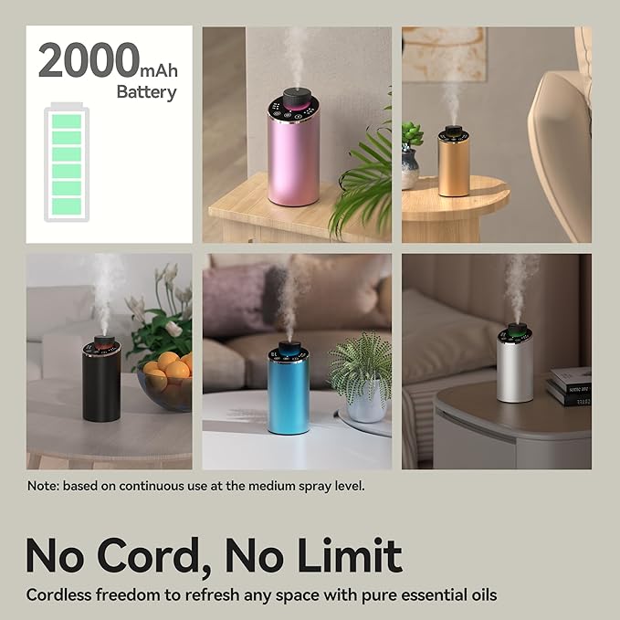 Waterless Essential Oil Diffuser Scent Aromatherapy Diffusers for Home Large Room, Car, Office, Portable Battery Operated Cordless Air Freshener, 4 Timers & 3 Mist Levels, 100ml Capacity (Golden) - Bloomnest
