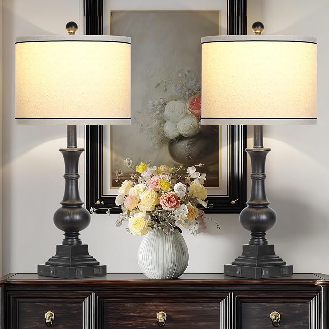 Farmhouse Table Lamps Set of 2, Vintage Bedside Lamps with USB A+C Charging Ports & AC Outlet, 26" Rustic Nightstand Lamp for Living Room Bedroom End Table Wash Black(2 LED Bulbs Included) - Bloomnest