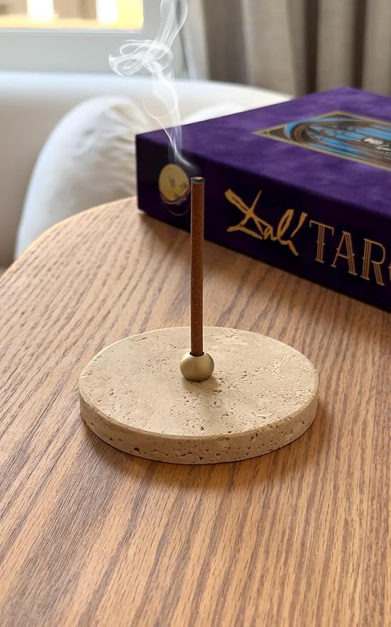 Travertine Stick Incense Holder – Natural Stone Base with Solid Brass Stand – Elegant Aromatherapy Burner for Meditation, Yoga & Home Decor - Bloomnest
