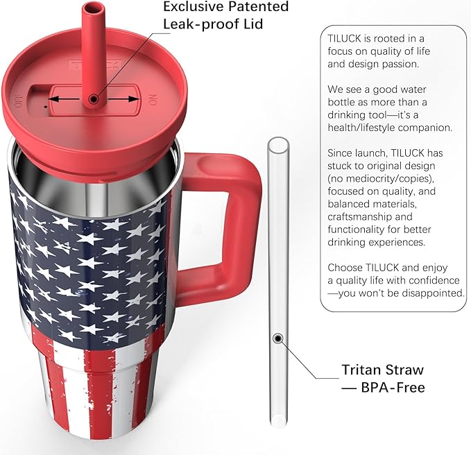 TILUCK 40 oz Tumbler with Handle, Vacuum Insulated Stainless Steel Travel Mug with 100% Leak-Proof Silicone Straw Lid, Cupholder Friendly Water Bottle(RedFlag, 40oz) - Bloomnest