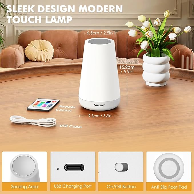 Auxmir Night Light, Dimmable Touch Lamp for Bedroom, Portable Rechargeable Bedside Table Lamp for Baby Nursery, 13 RGB Colors & 5 Brightness, Night Lights for Bedroom Living Room Bathroom Hallways - Bloomnest