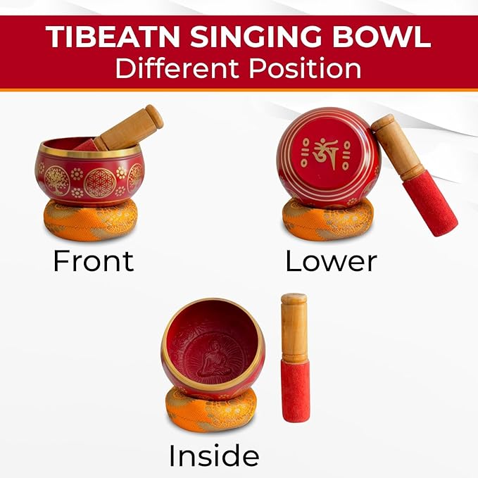 Nature’s Own Buddhist Tibetan Singing Bowl for Meditation - Authentic Metal OM Sound Bowl, Tibetan Prayer Instrument with Wooden Stick, Red 3.5 Inches - Deep Resonance for Healing & Relaxation - Bloomnest