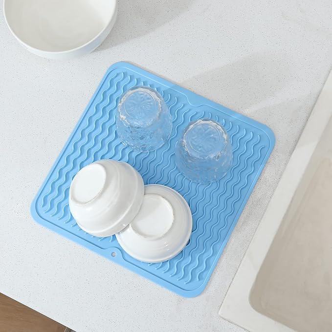 Silicone Dish Drying Mat for Multiple Usage,Easy clean,Eco-friendly,Heat-resistant Silicone Mat for Kitchen Counter or Sink,Refrigerator or Drawer liner Light Blue M 12 inches x 12 inches - Bloomnest