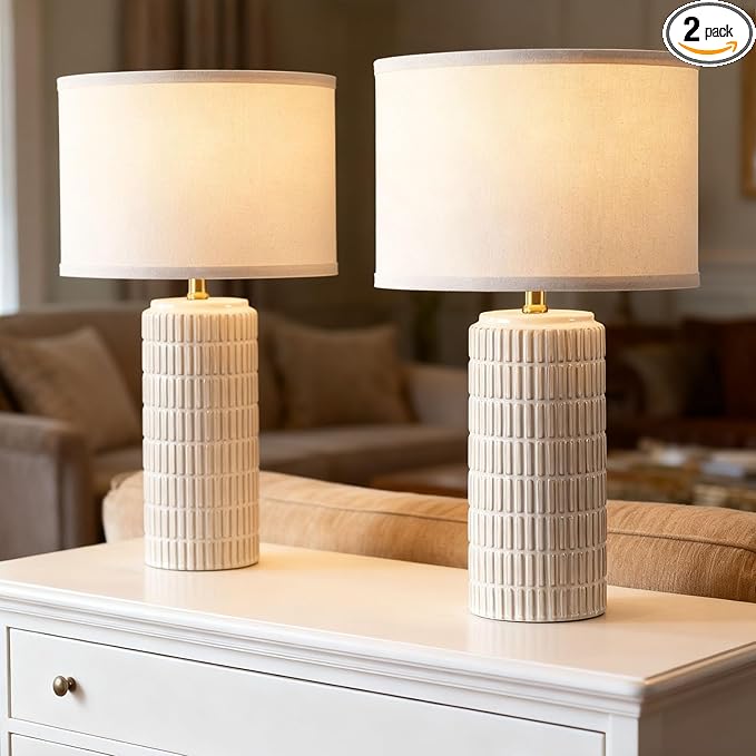 Modern Ceramic Table Lamp Set of 2, Bedside Lamp for Bedroom Decor, Nightstand Lamp with 3 Color Temperatures, Desk Light for Living Room Dorm Office, White - Bloomnest