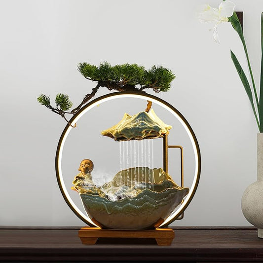 Ceramic Tabletop Fountain with Wood Stand, Indoor Waterfall Feature for Home Office Desk,Desktop Water Fountain Asian Zen Decor with LED Light for Relaxation - Bloomnest