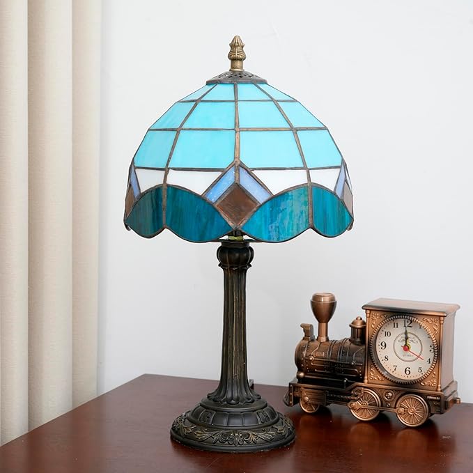 Sky Blue and White Lamp Small Tiffany Lamps Bedside Nightstand for Bedroom Dector Light Stained Glass Table Lamp Living Room Kitchen Night Lamp Farmhouse Cute 8 Inch Aesthetic Mediterranean Desk Lamps - Bloomnest