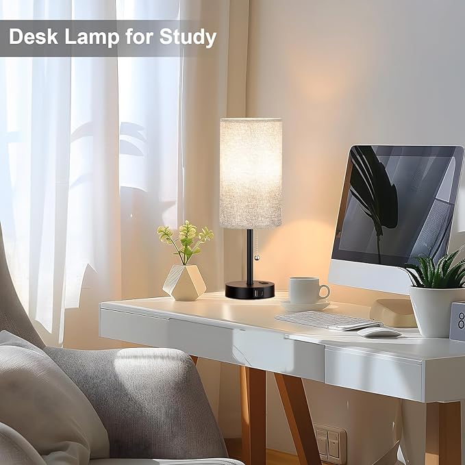 17.4Inches Grey Bedside Lamp for Bedroom Nightstand - Tall Table Lamp with USB A + C Charging Port & AC Outlet, 3 Color Temperatures Pull Chain Light, Side Table Desk Reading Lamp for Living Room - Bloomnest