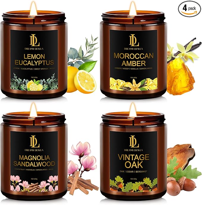 Scented Candle Set, Men Candle Set, Candles for Home Scented Gifts, 4Pack 28oz Soy Candles, Scents of Lemon Eucalyptus/Moroccan Amber/Magnolia & Sandalwood/Vintage Oak - Bloomnest