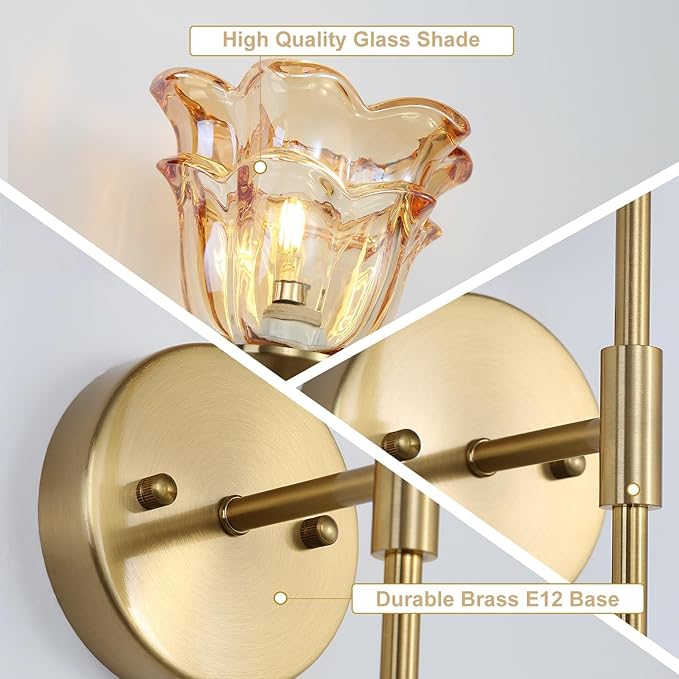 2 Pack Gold Wall Sconce with Modern Amber Glass Shades, Modern Mid Century Bathroom Vanity Wall Light Fixtures, Industrial Brushed Brass Wall Lamp, for Bedroom Mirror Living Room, ETL Listed - Bloomnest