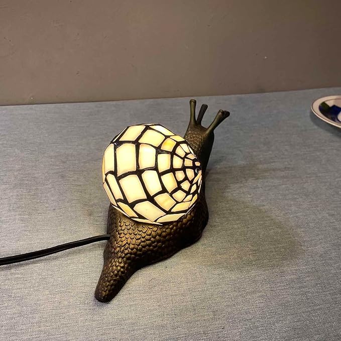 Bieye L10988 Land Snail Tiffany Style Stained Glass Accent Table Lamp for Home Decoration (White, 10" D x 5" W x 5" H) - Bloomnest