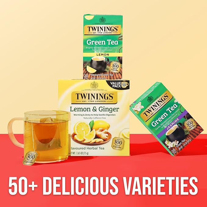 Twinings Green Tea with Lemon Individually Wrapped Bags, 20 Count (Pack of 6), Zesty Citrus Aroma & Flavour, Caffeinated, Enjoy Hot or Iced, 120 Teabags - Bloomnest