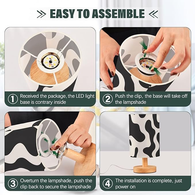 Bedside Lamp Black White Cow Print Table Lamp with USB Port Wood Base for Living Room,Bedroom,Nightstand,Office 202a3295 - Bloomnest